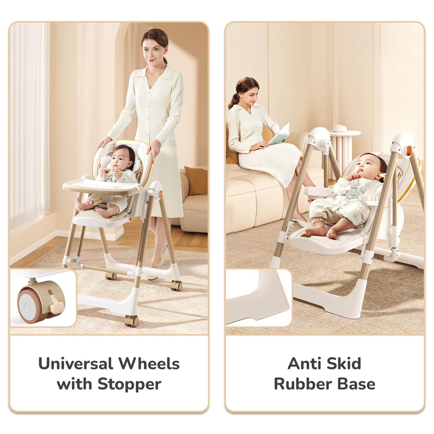 Modern baby high chair with adjustable tray and a separate baby swing/bouncer, both in a neutral cream and beige color scheme. Features happy babies using the multi-functional seating, perfect for a nursery or living room." www.usmile.com
